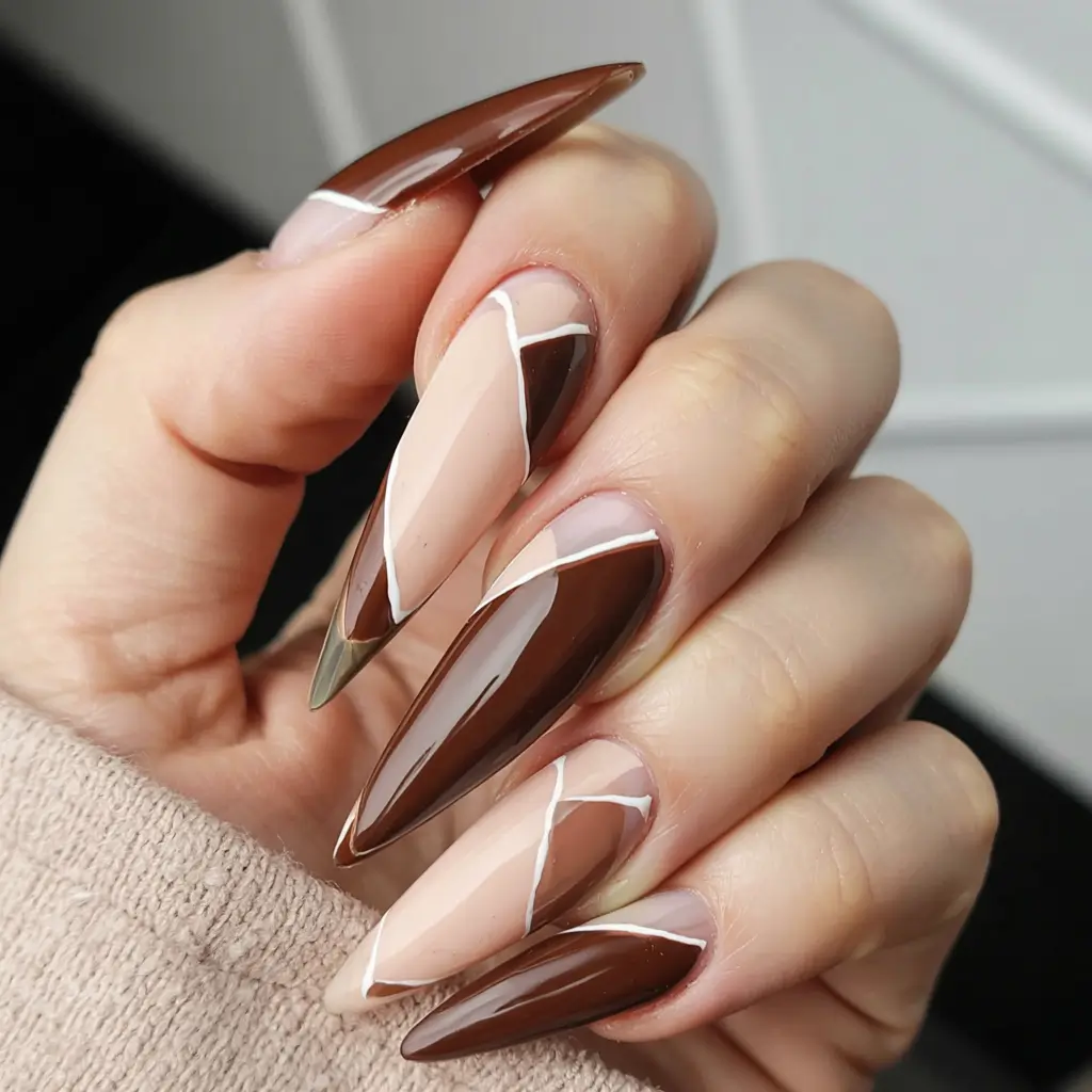 fall stiletto nails 2025 Mocha Geometric Flow