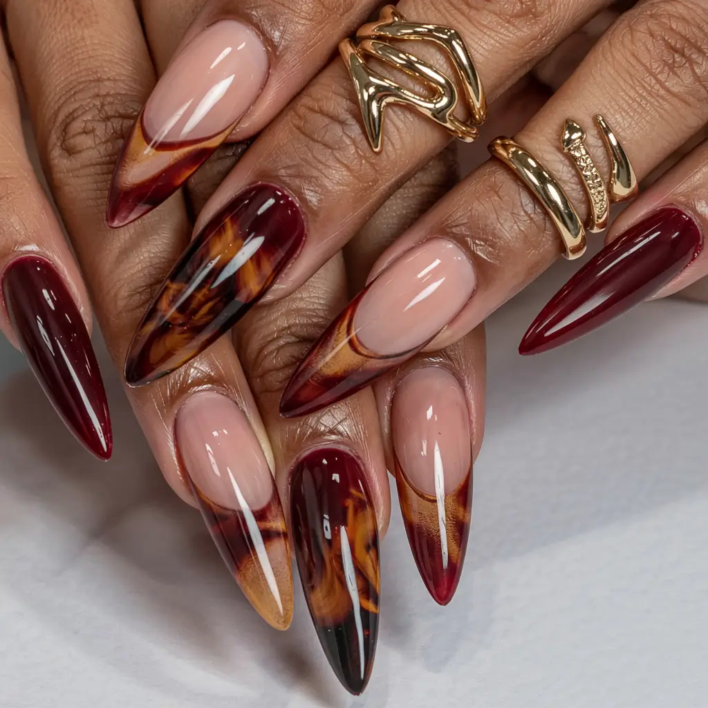 fall stiletto nails 2025 Burgundy Tortoiseshell Fusion