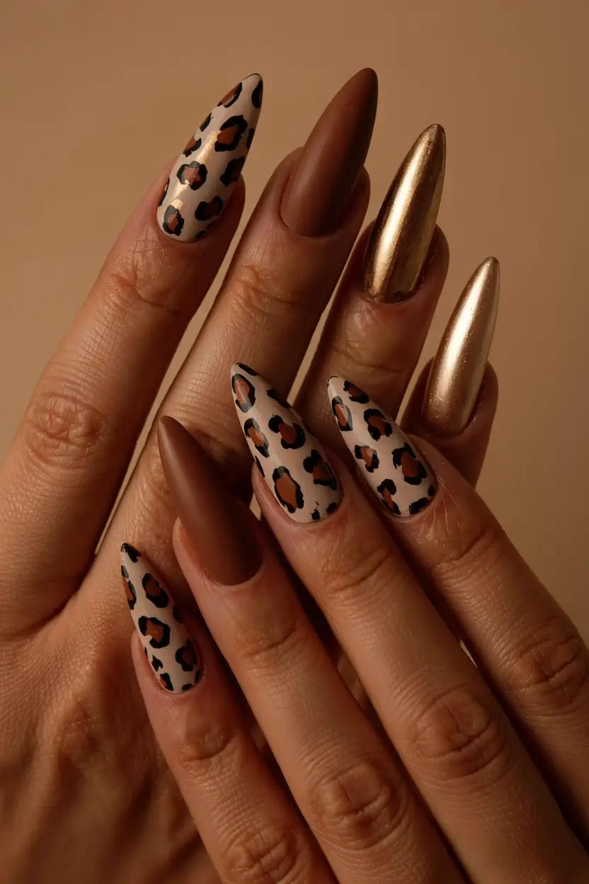 fall stiletto nails 2025 Leopard Luxe Mix