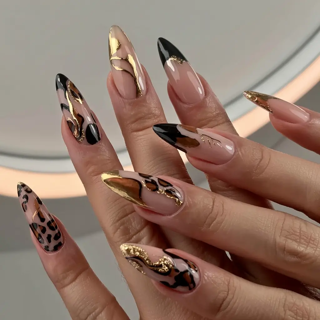 fall stiletto nails 2025 Gilded Wild Abstraction
