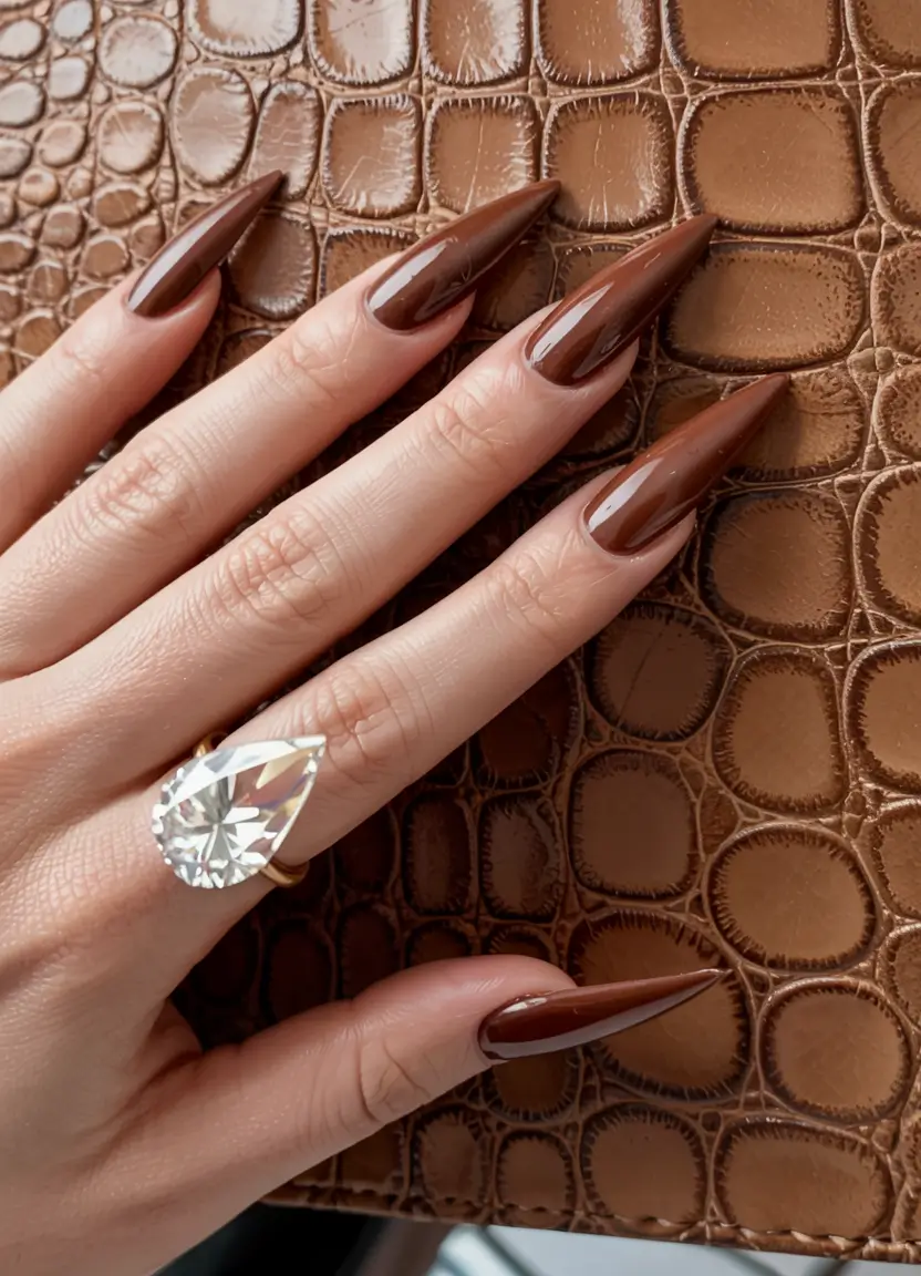 fall stiletto nails 2025 Glossy Mocha Statement