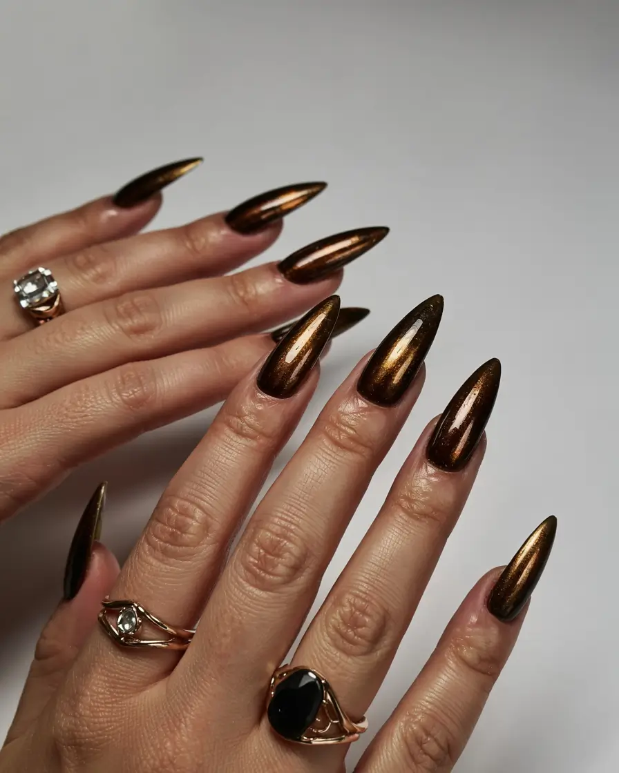 fall stiletto nails 2025 Molten Bronze Stiletto Shine