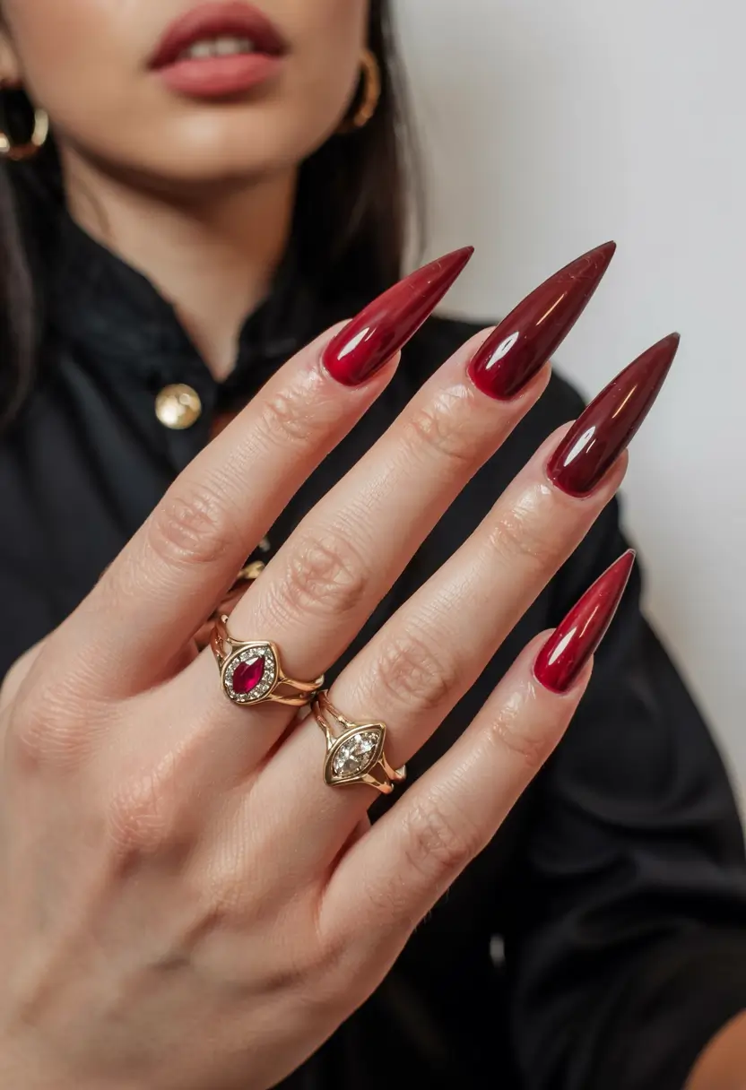 fall stiletto nails 2025 Classic Crimson Confidence
