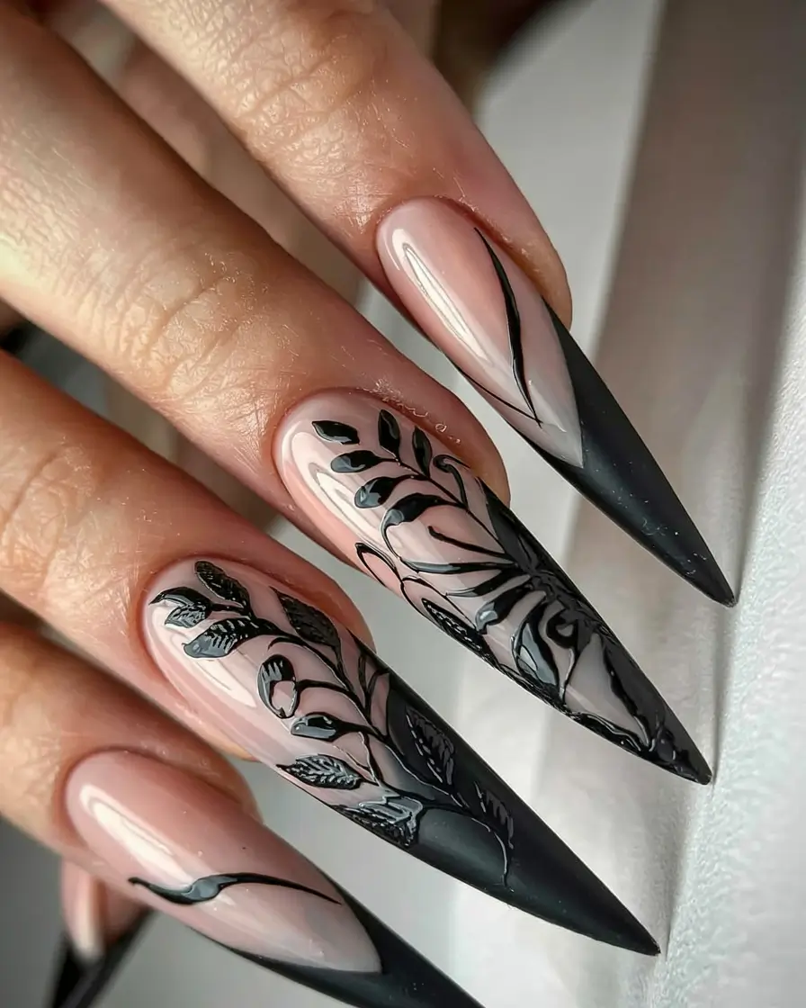 fall stiletto nails 2025 Matte Noir Botanical