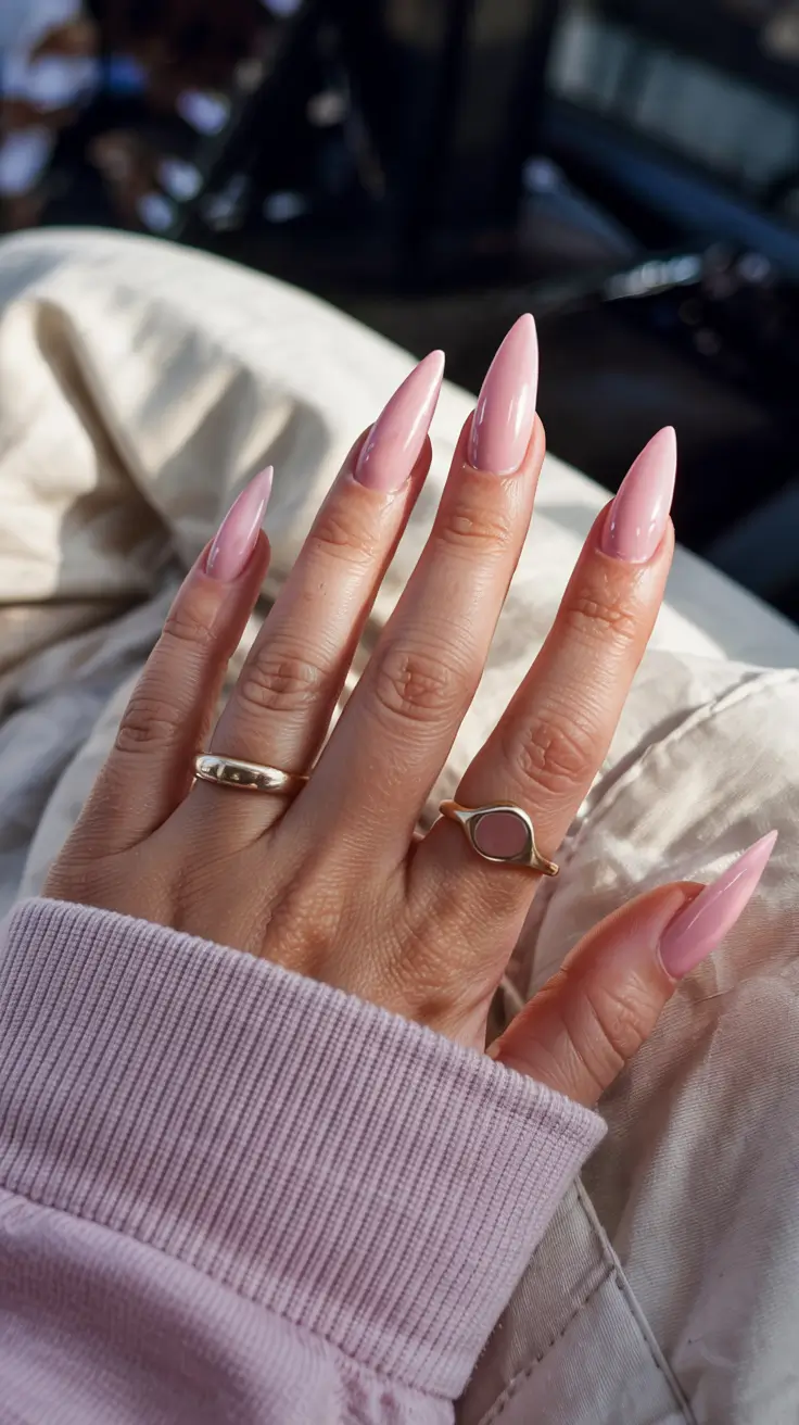 fall stiletto nails 2025 Soft Pink Almond Glow