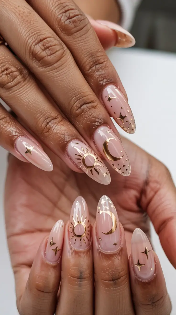 fall stiletto nails 2025 Celestial Gold Dreams