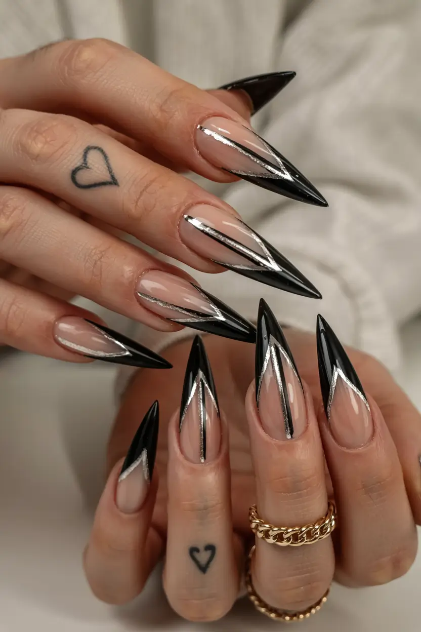 fall stiletto nails 2025 Black & Silver Power Lines
