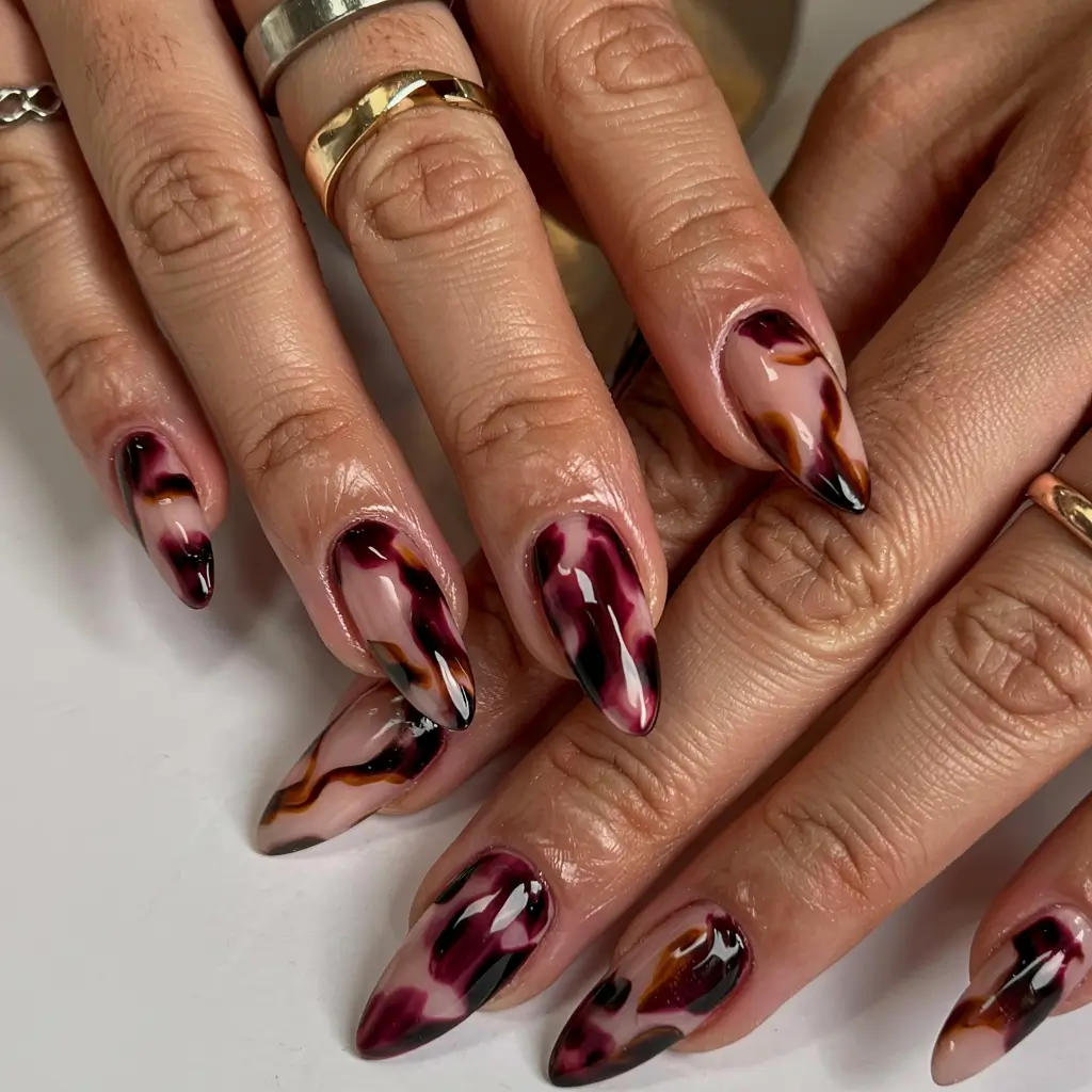 fall stiletto nails 2025 Burgundy Smoke Tortoiseshell