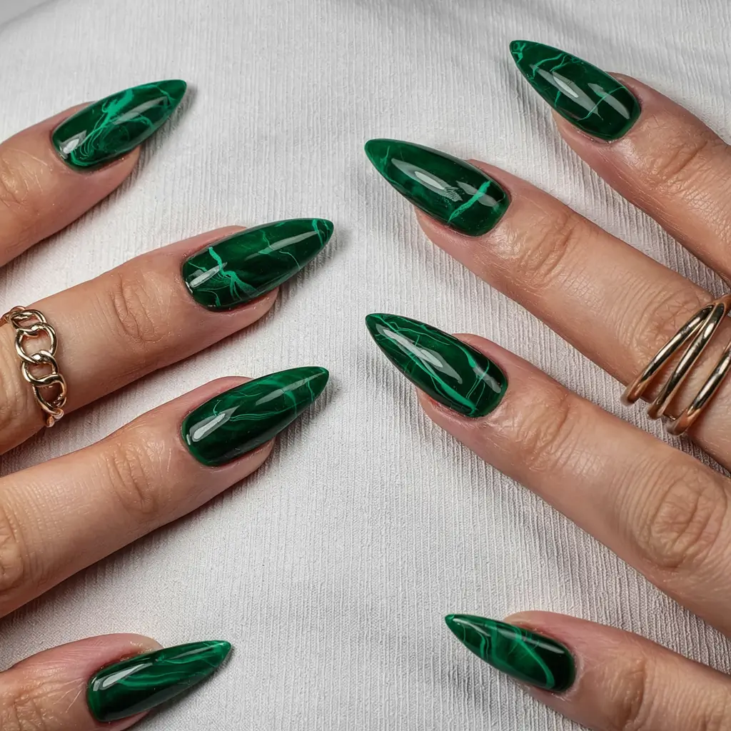 fall stiletto nails 2025 Emerald Marble Majesty