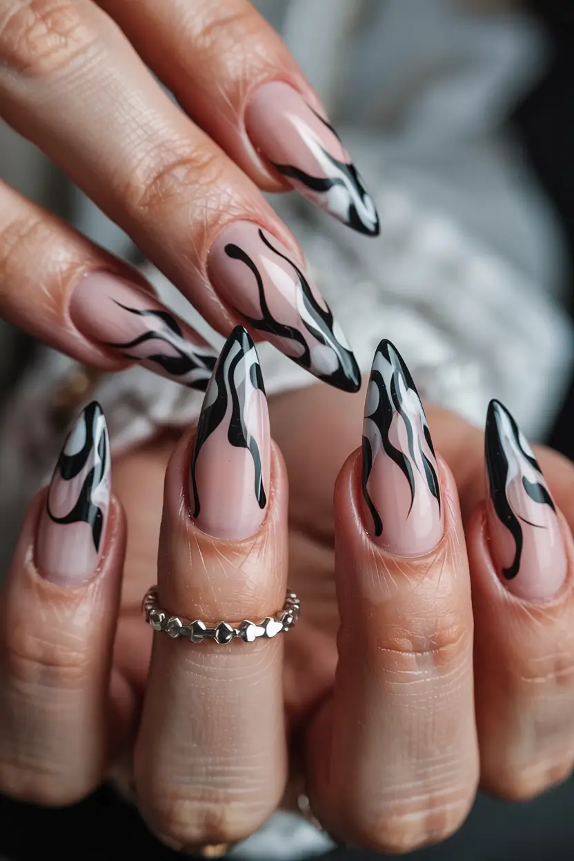 fall stiletto nails 2025 Monochrome Flame Art