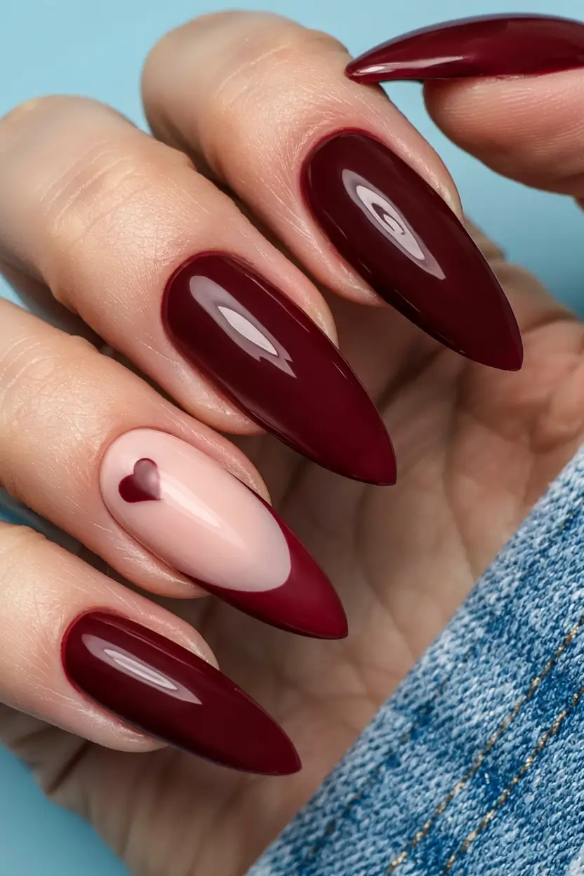 fall stiletto nails 2025 Heart-Tipped Crimson Romance