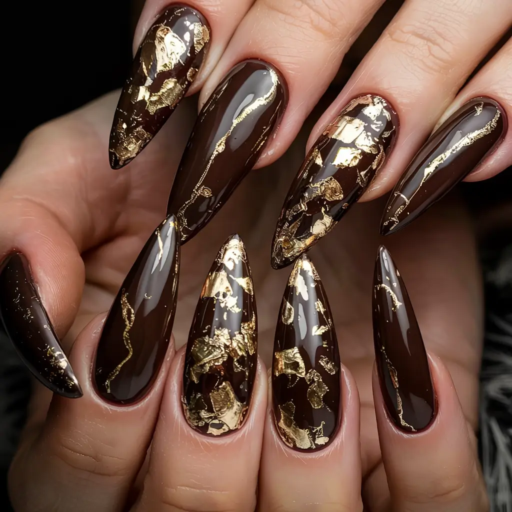 fall stiletto nails 2025 Gilded Espresso Luxe