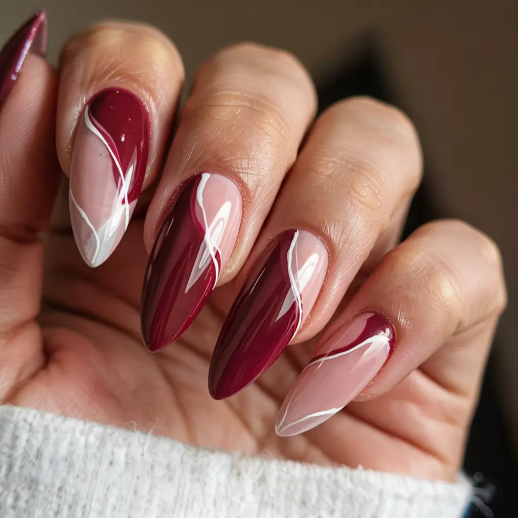 fall stiletto nails 2025 Wine Swirl Illusion