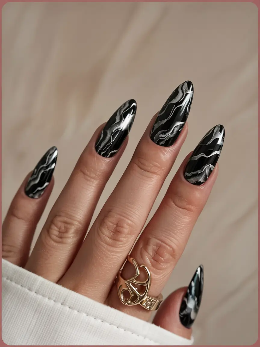 fall stiletto nails 2025 Midnight Marble Veins
