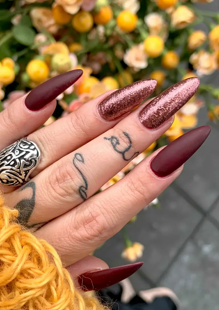 fall stiletto nails 2025 Plum Velvet and Copper Spark