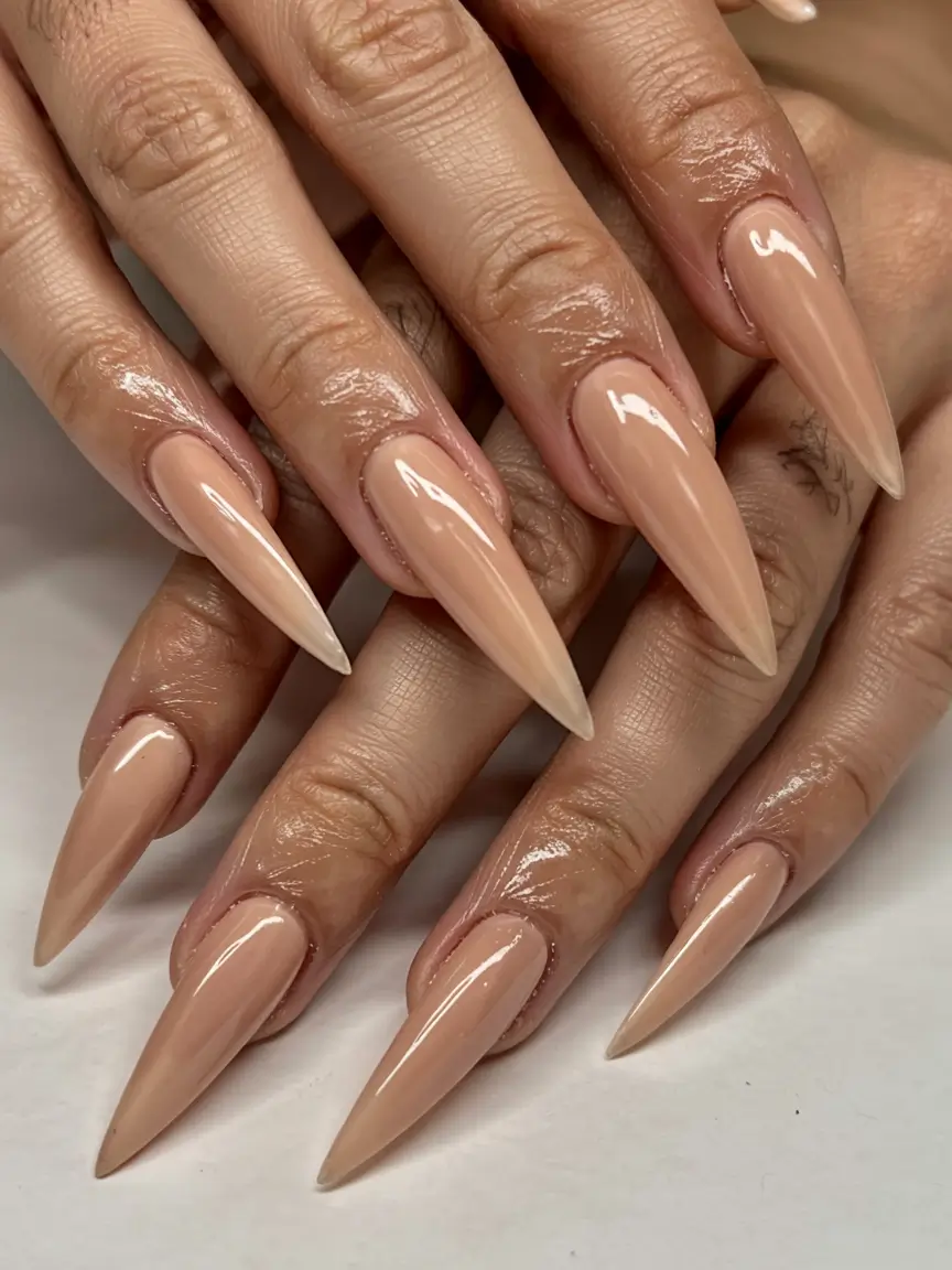 fall stiletto nails 2025 Caramel Nude Precision