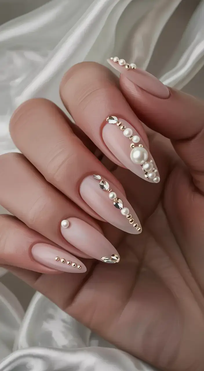 fall wedding nails 2025 Pearls, Gold, and Champagne Dreams