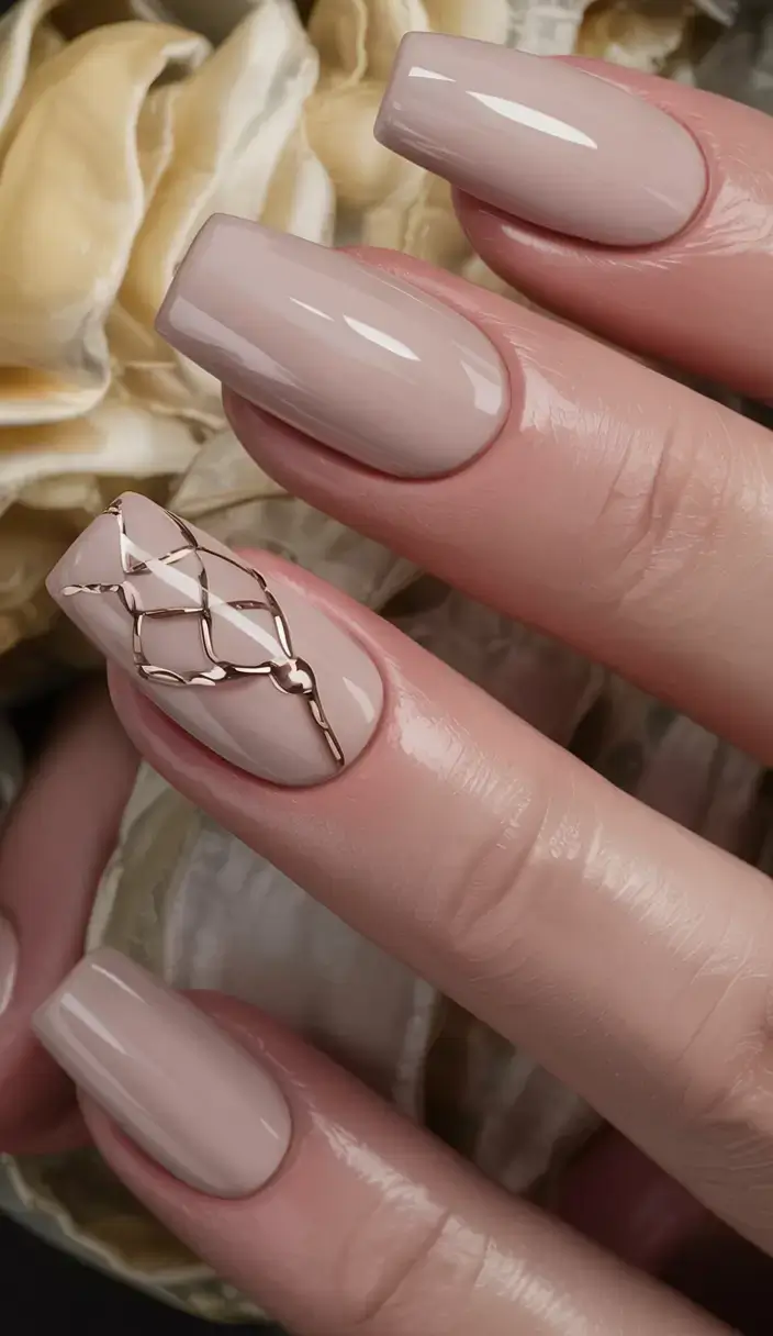 fall wedding nails 2025 Champagne Nude with Sculpted Gold Detail