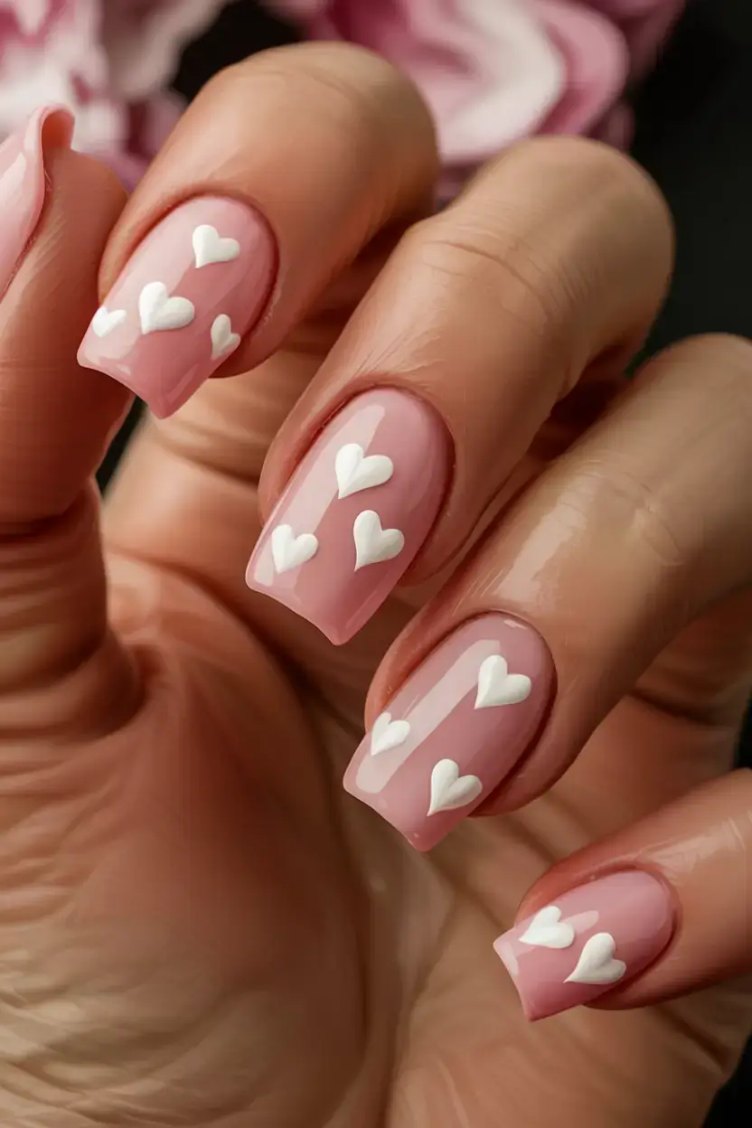 fall wedding nails 2025 Soft Pink Hearts That Whisper “Yes”