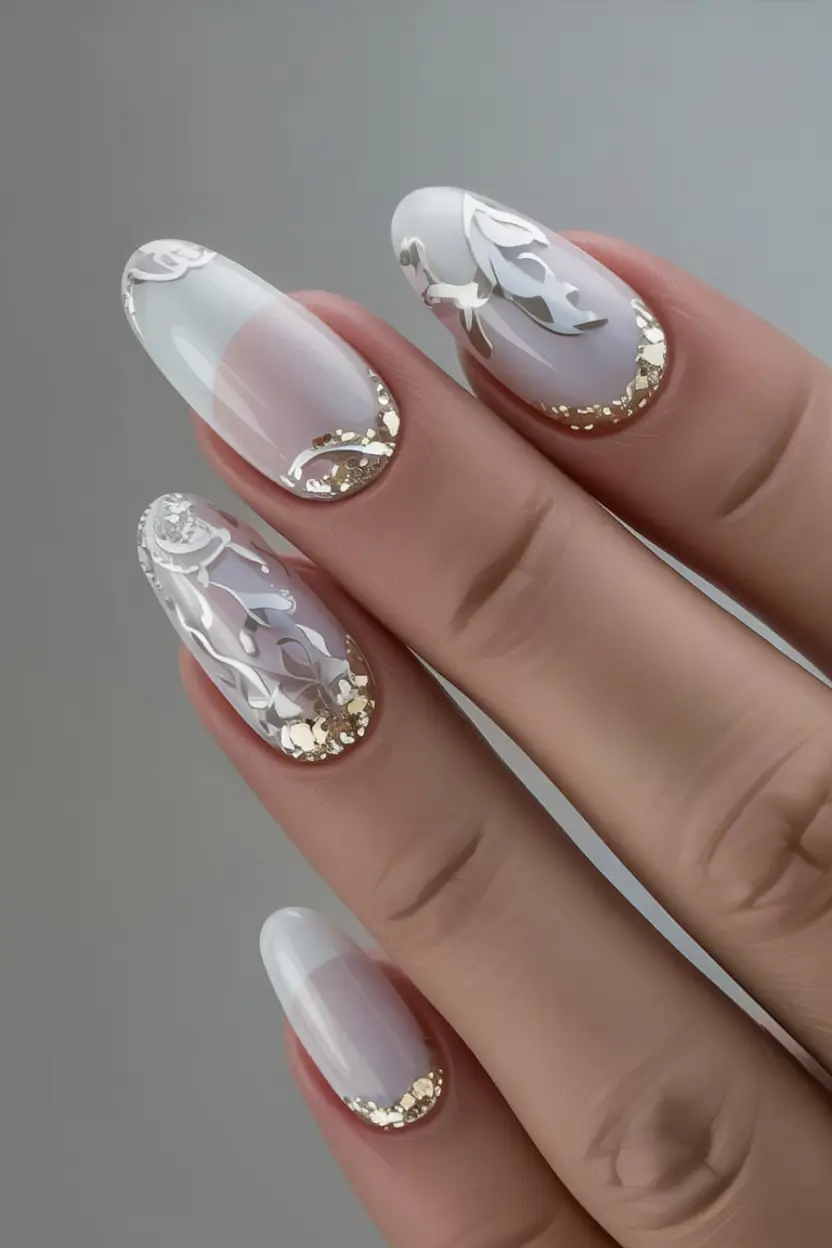 fall wedding nails 2025 Golden Gilded Tips with Sculpted Overlay