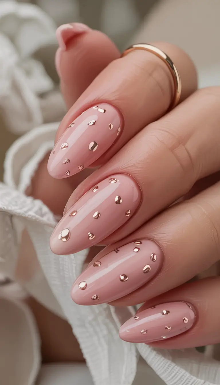 fall wedding nails 2025 Rosé Gold Droplets Over Blush