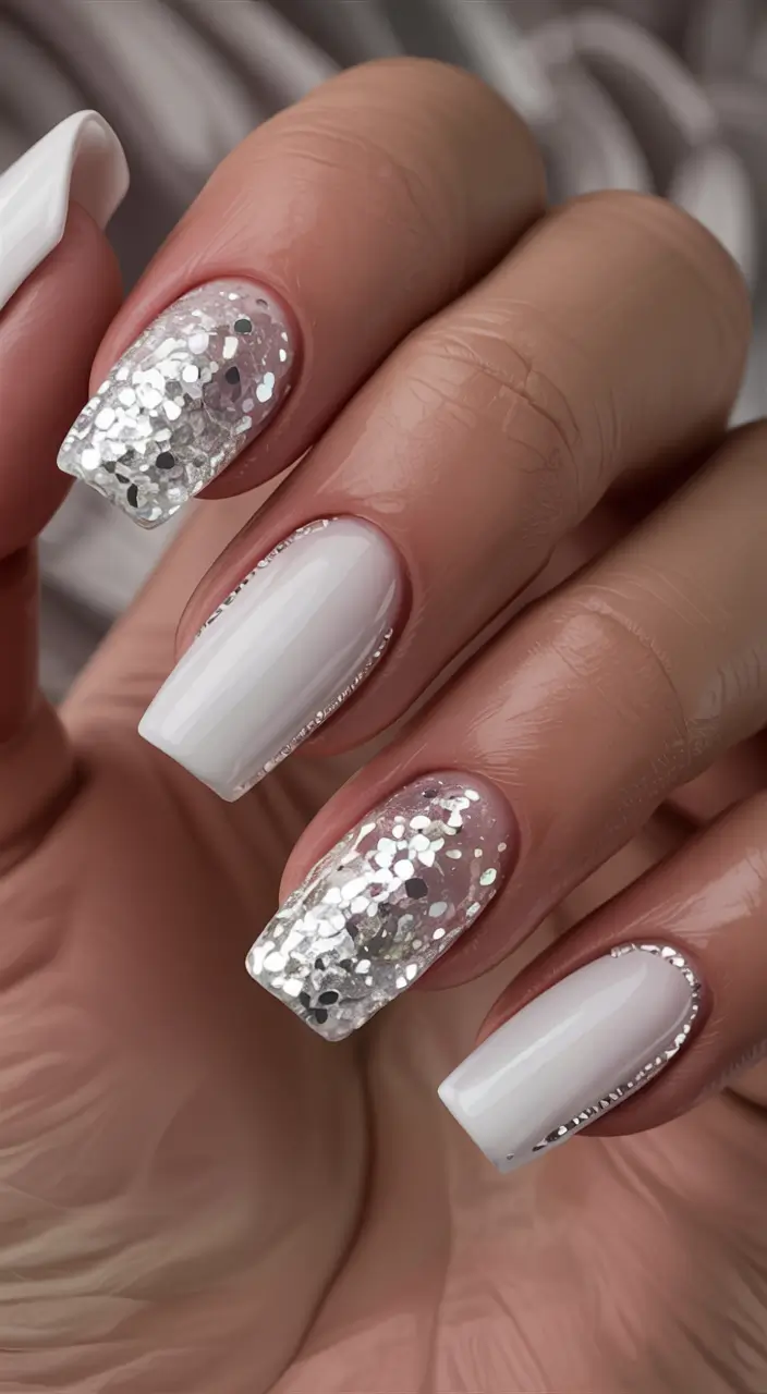 fall wedding nails 2025 Classic White Meets Luxe Glitter Contrast
