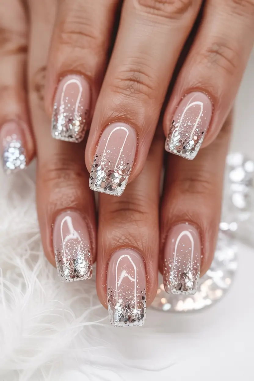 fall wedding nails 2025 Champagne Glitz with Silver Confetti Tips