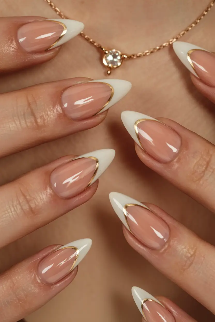 fall wedding nails 2025 Modern French Almond with Gold Accents