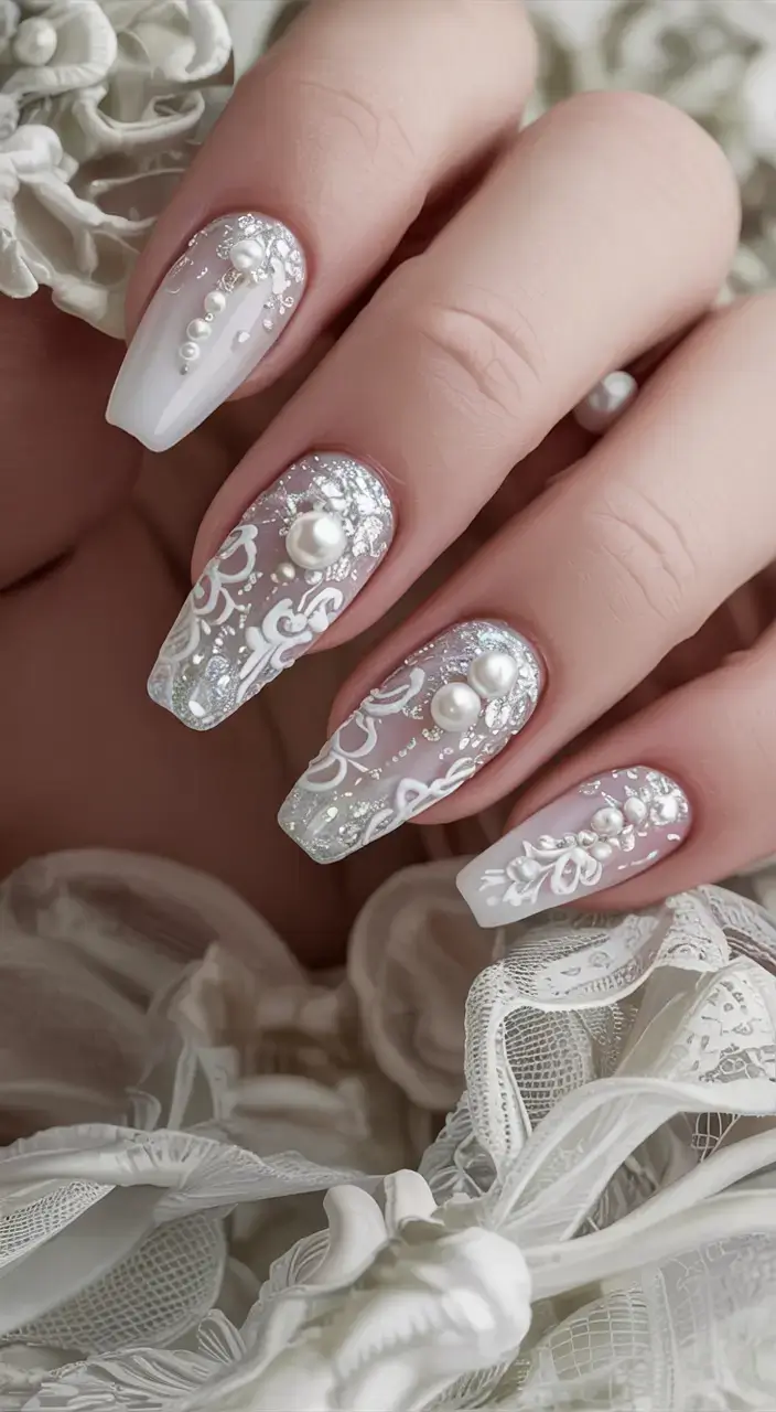 fall wedding nails 2025 Lace and Pearls: Statement Bridal Nails