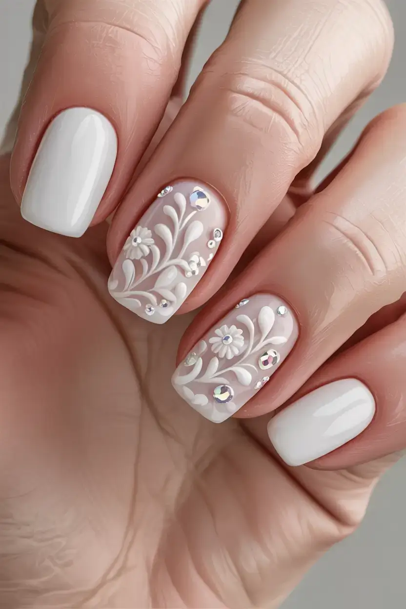 fall wedding nails 2025 Mini Florals With Swarovski Detail