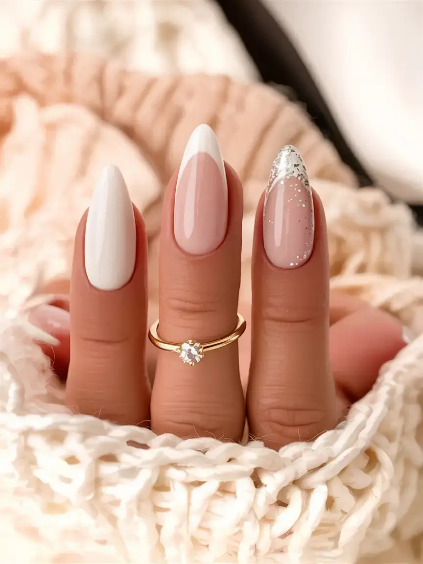 fall wedding nails 2025 White Almond Tips With Silver Confetti Accent