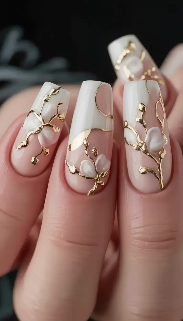 fall wedding nails 2025 Golden Blossoms and Sculpted Petals