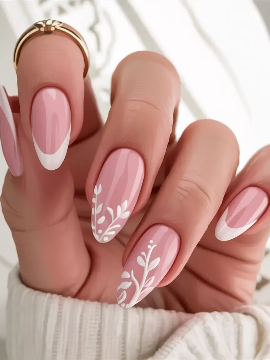 fall wedding nails 2025 Blush Garden With Painted Vine Accents