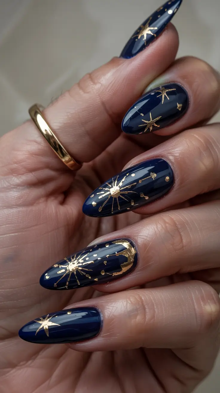 gold fall nails 2025 Starry Midnight Gold