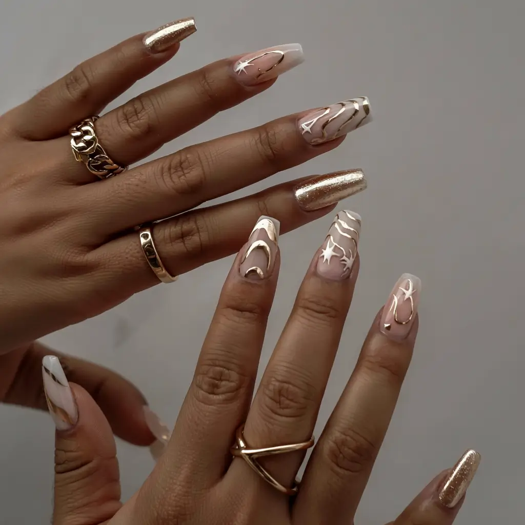 gold fall nails 2025 Golden Waves and Metallic Accents