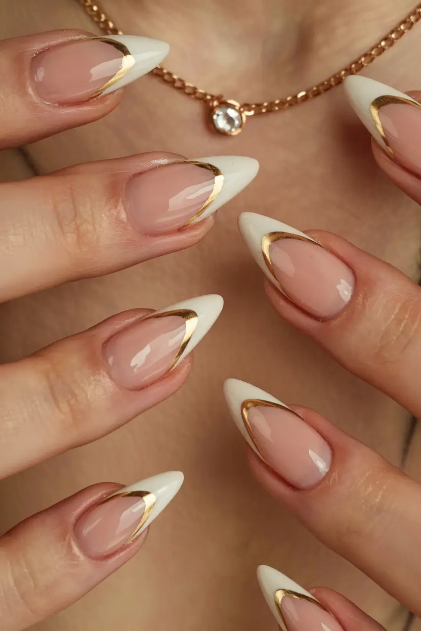 gold fall nails 2025 White-Edged Drama with Golden Lining