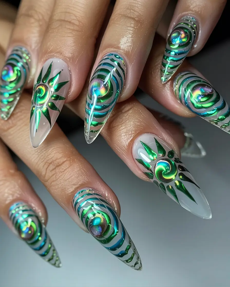 long fall nails inspo 2025 Holographic Swirls in Green and Silver