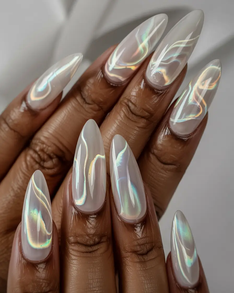 long fall nails inspo 2025 Opalescent Glow with Fluid Waves