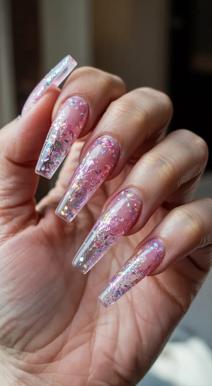 long fall nails inspo 2025 Glittering Pink Confetti Tips