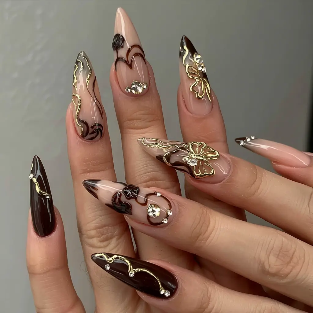 long fall nails inspo 2025 Chocolate Luxe with Golden Accents