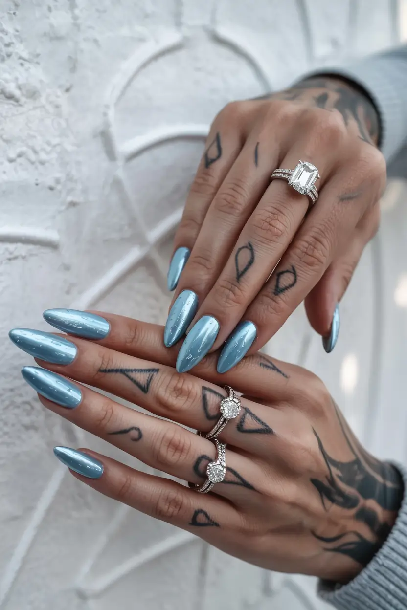 long fall nails inspo 2025 Steel Blue Mirror Shine