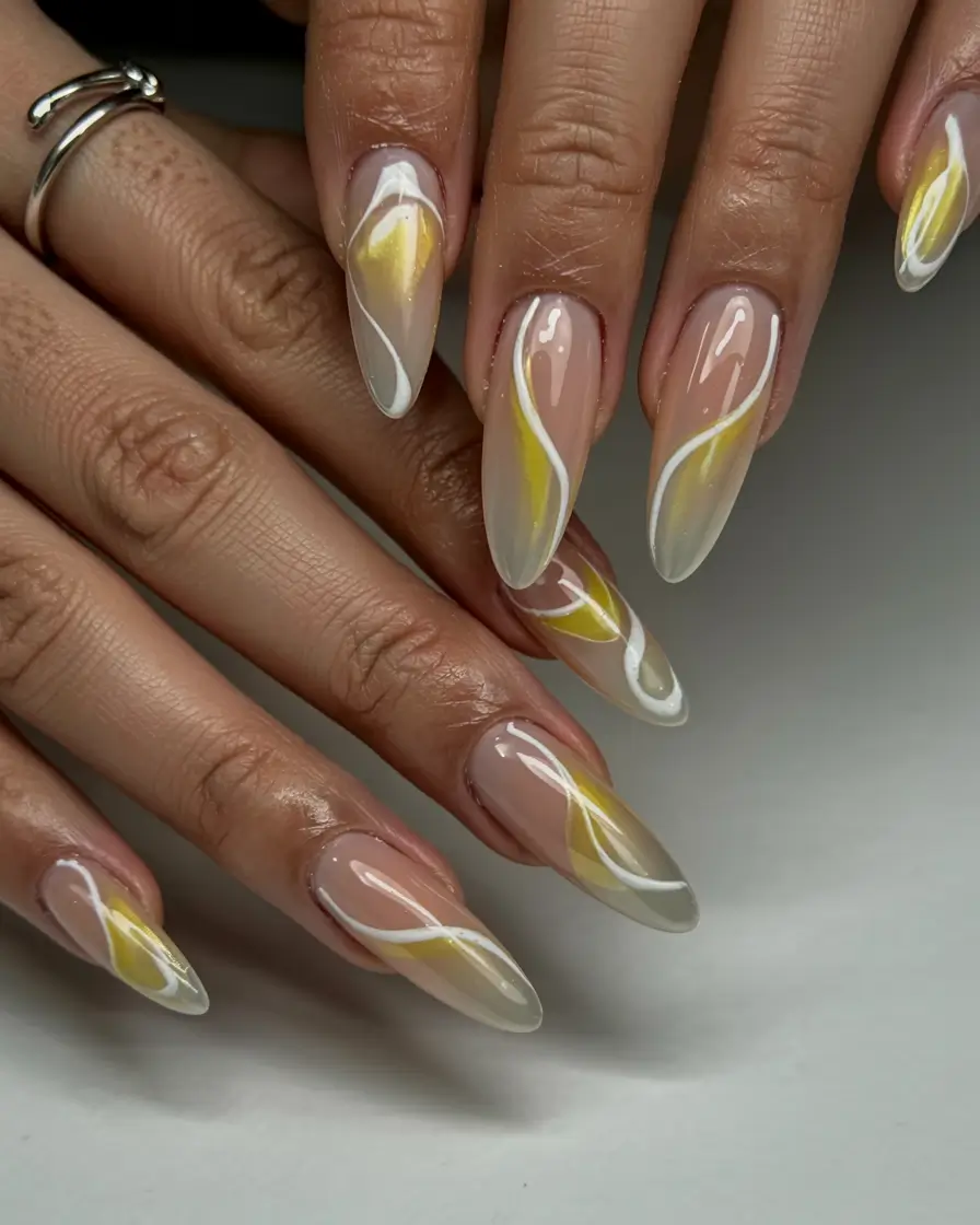 long fall nails inspo 2025 Golden Sunbeam Swirls