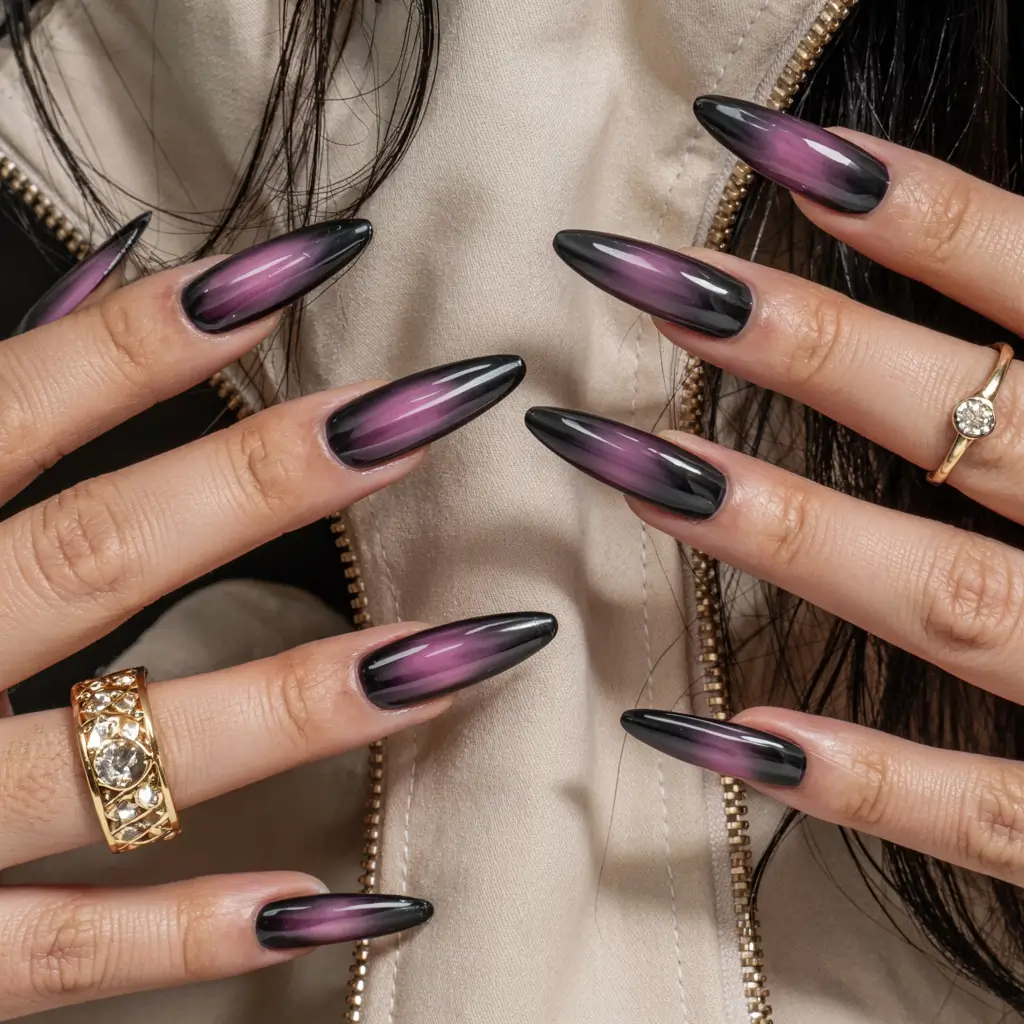 long fall nails inspo 2025 Midnight Plum Cat-Eye Effect
