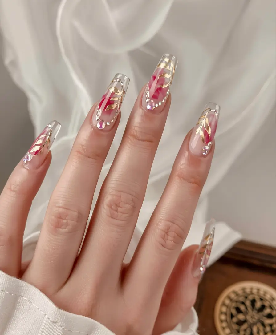 long fall nails inspo 2025 Crystal Leaves on Transparent Tips