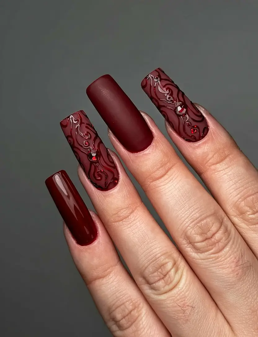 long fall nails inspo 2025 Deep Burgundy with Artistic Flourish