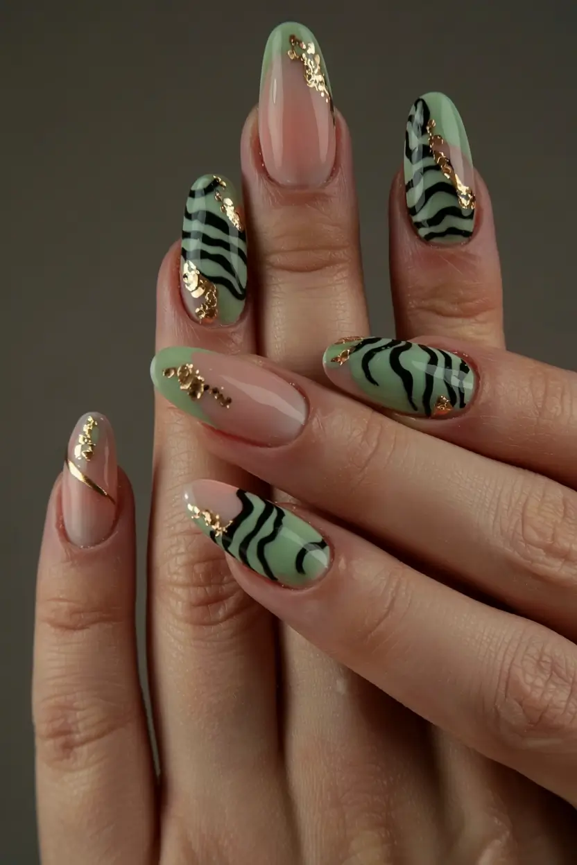 long fall nails inspo 2025 Mint and Gold Zebra Fusion