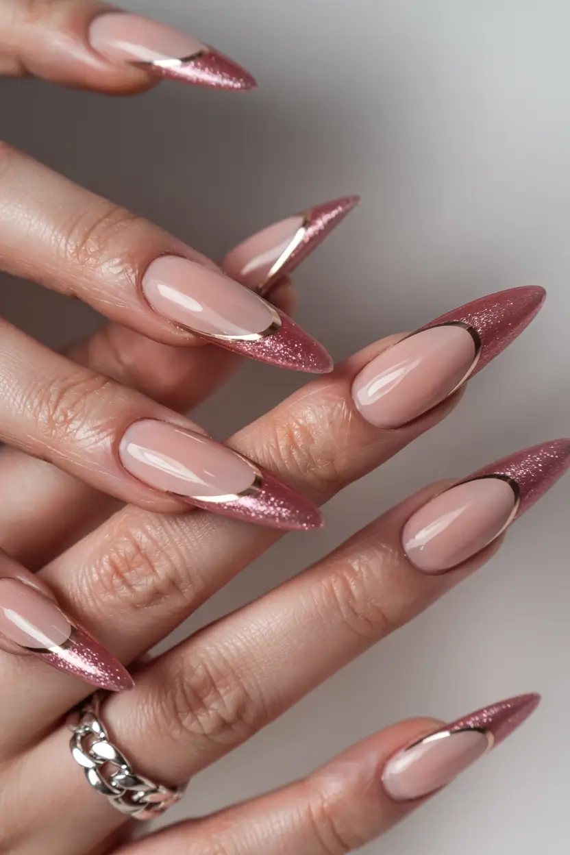 long fall nails inspo 2025 Rosé Glitter French