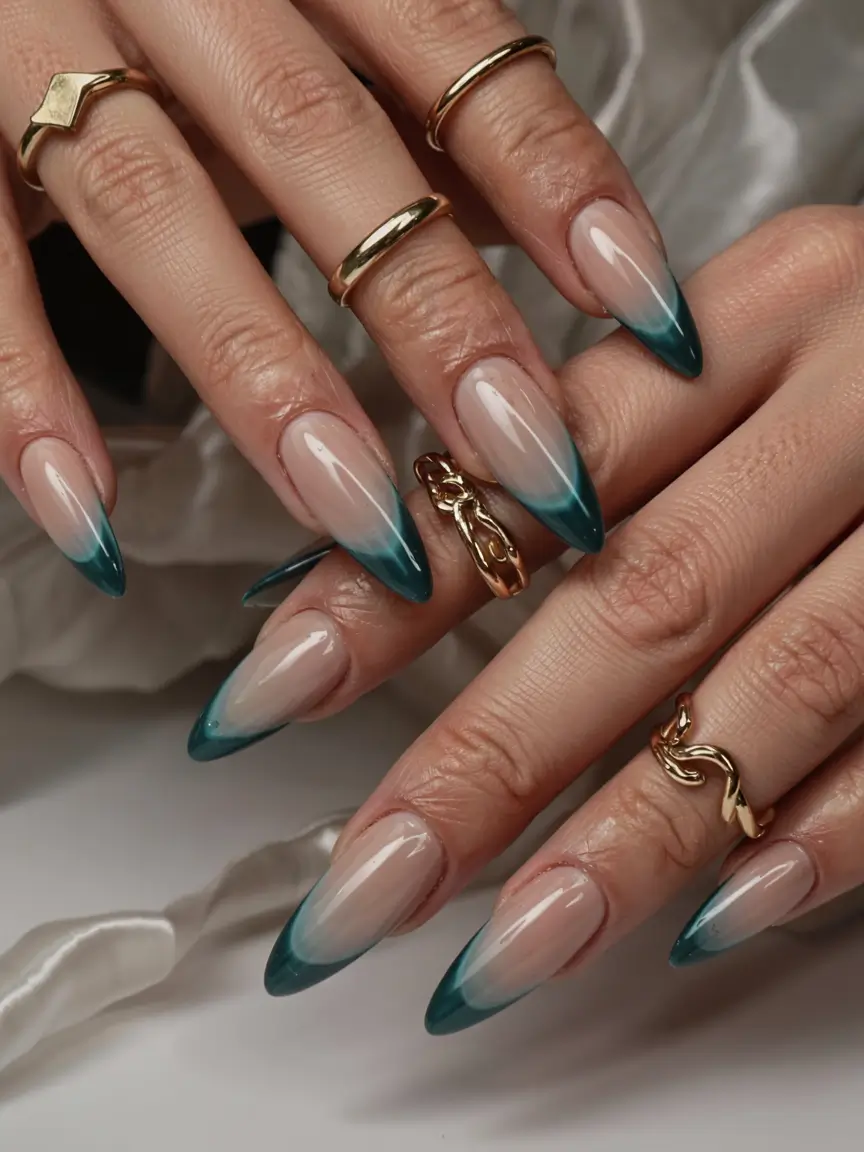 long fall nails inspo 2025 Teal French Ombré