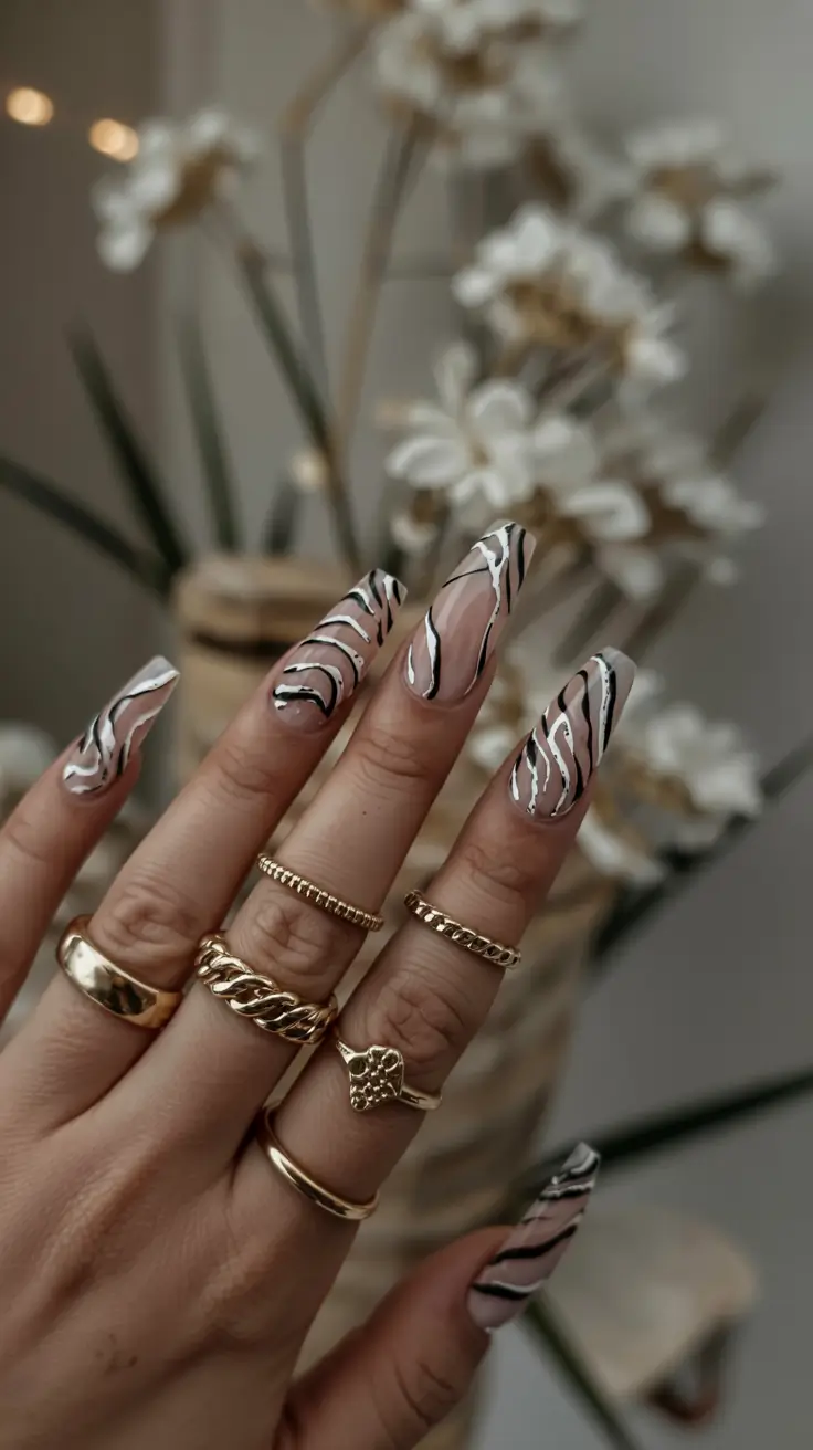 long fall nails inspo 2025 Zebra Stripes in Neutral Tones