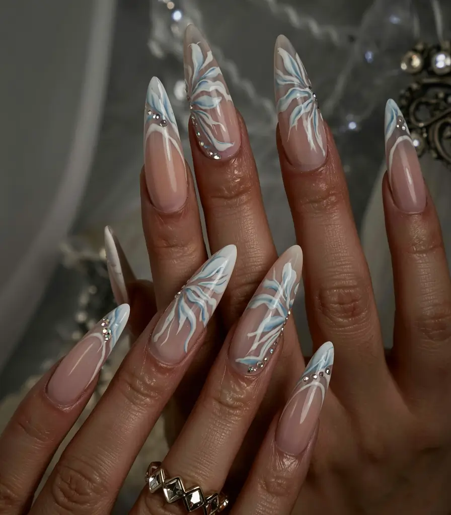 long fall nails inspo 2025 Frosted Petals with Crystal Accents
